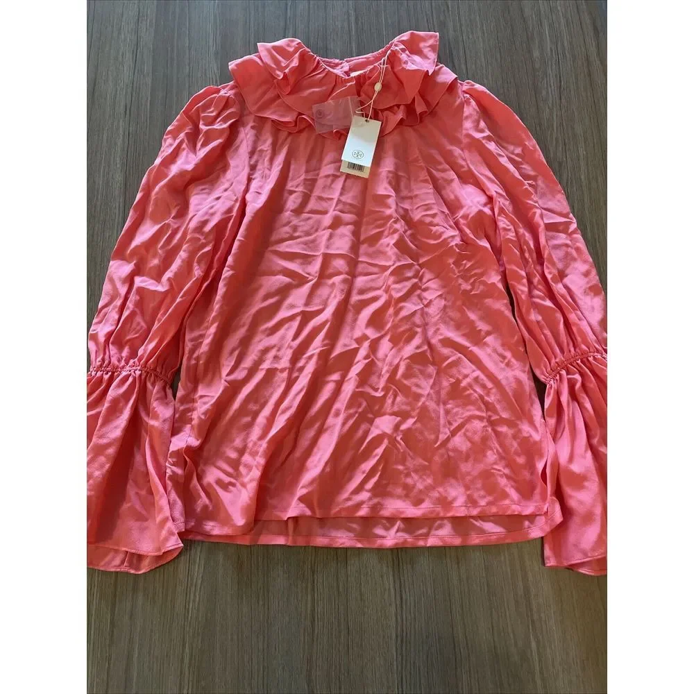 Tory‎ Burch Ruffle Blouse Size 0 All Silk Vivid Pink 650